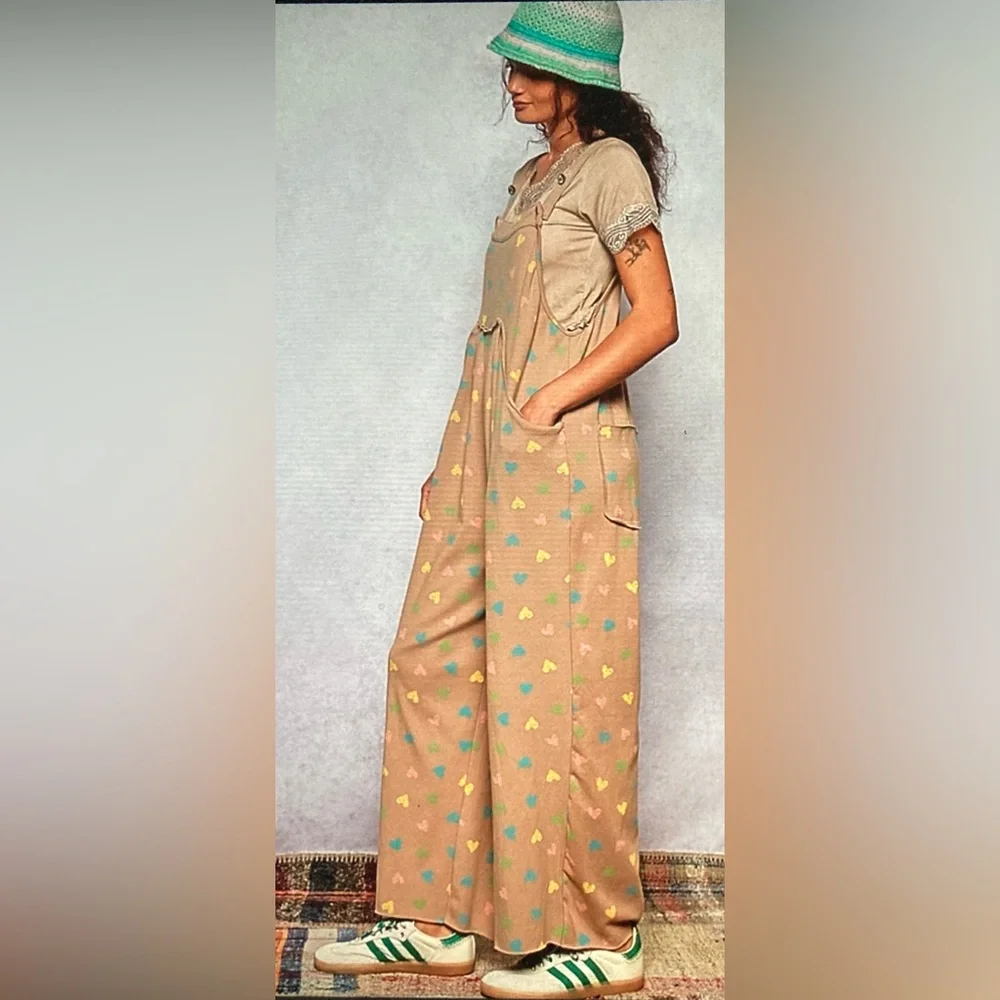 POL Beige Heart-Print Wide-Leg Jumpsuit - Picture 2 of 3